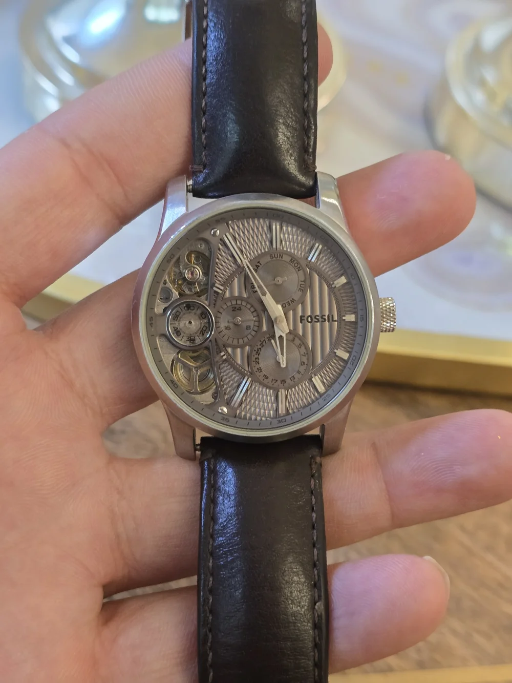 Fossil Men's Silver Dial Skeleton Automatic Watch with Brown Leather Strap